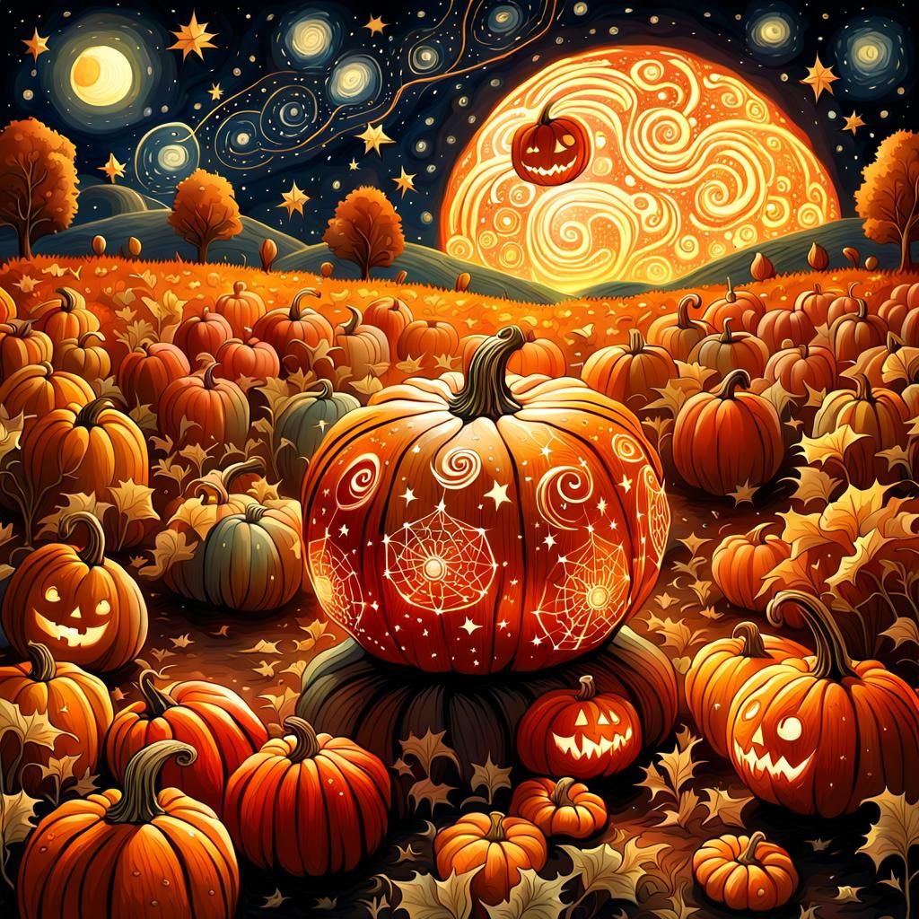 Cosmic Gourd Illustration in a Starry Pumpkin Field