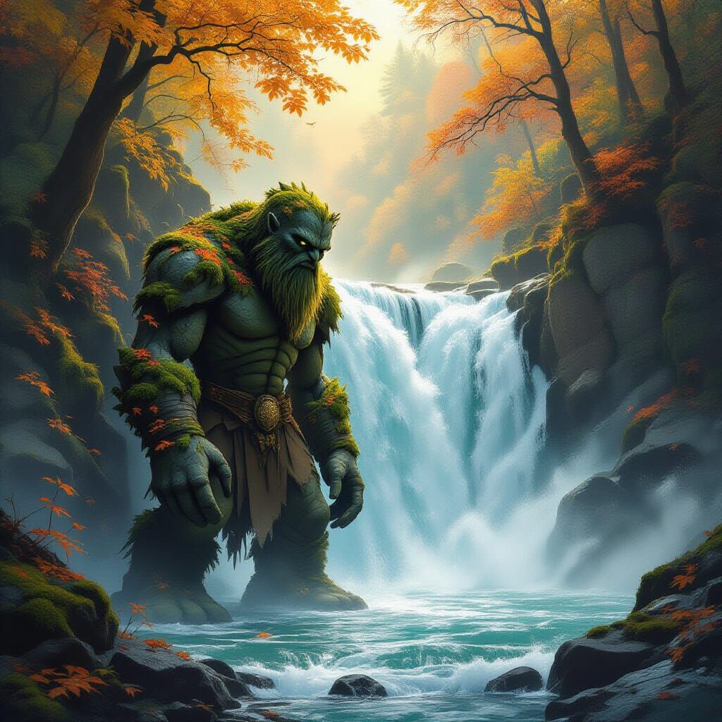 Ancient Stone Golem Guarding Waterfall in Autumn Forest