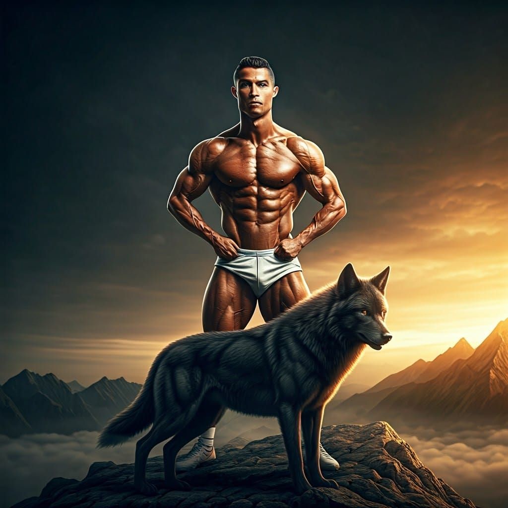 Cristiano Ronaldo and Wolf on Mountain, Cinematic Art