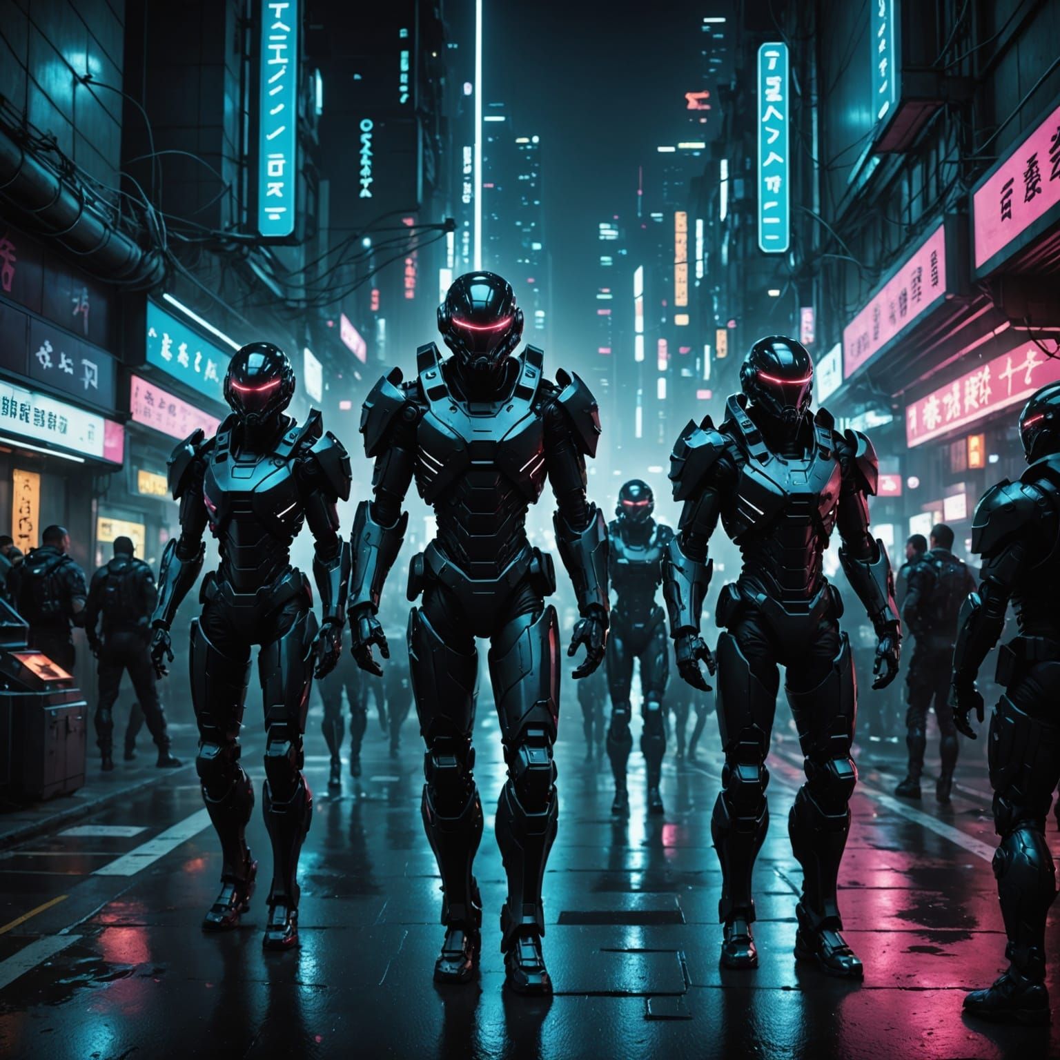 Cyberpunk City Night Scene with Armored Warriors and Monster...