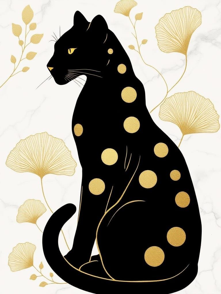 Art Deco Panther with Golden Ginkgo Leaves