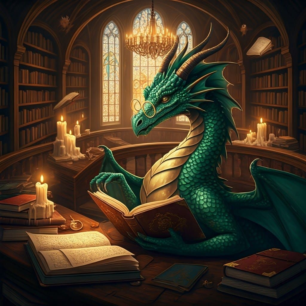 Majestic Dragon in Enchanted Library of Ancient Tomes