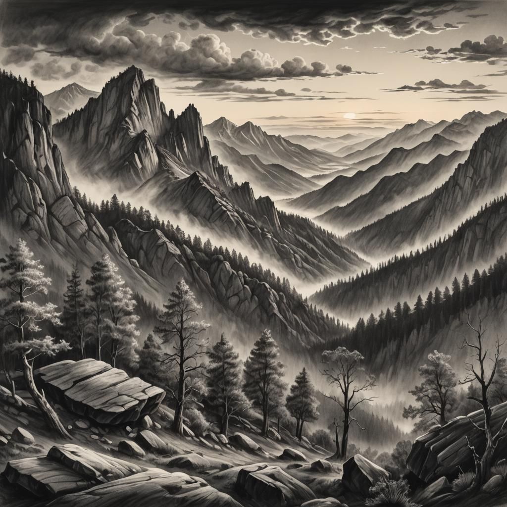 Panoramic Mountain Range in Charcoal Drawing Style