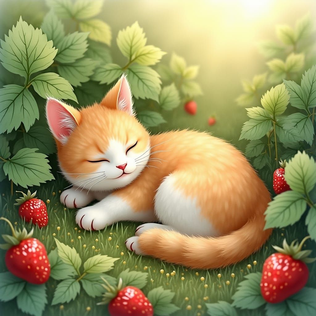 Cat in Strawberry Field, Beatrix Potter Style
