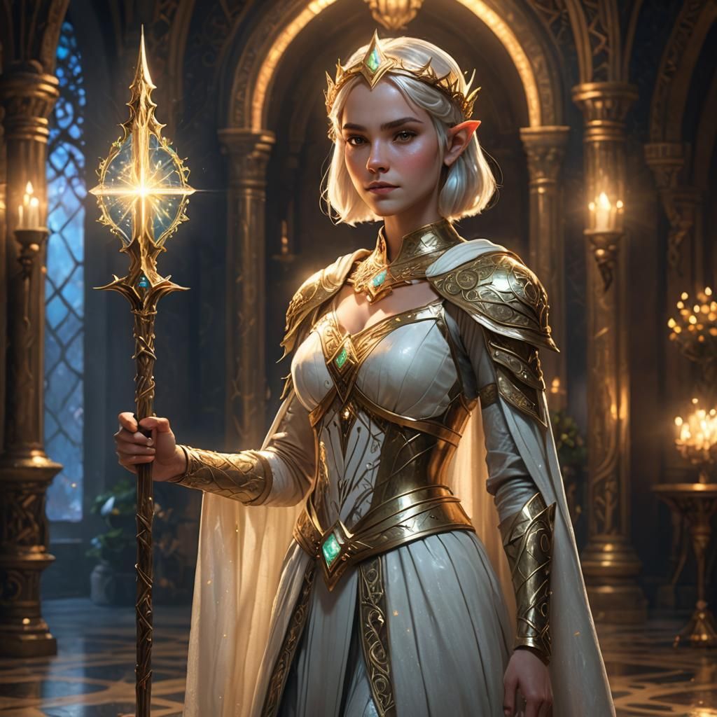 Teen Elf Queen with Magic Staff in Royal Room