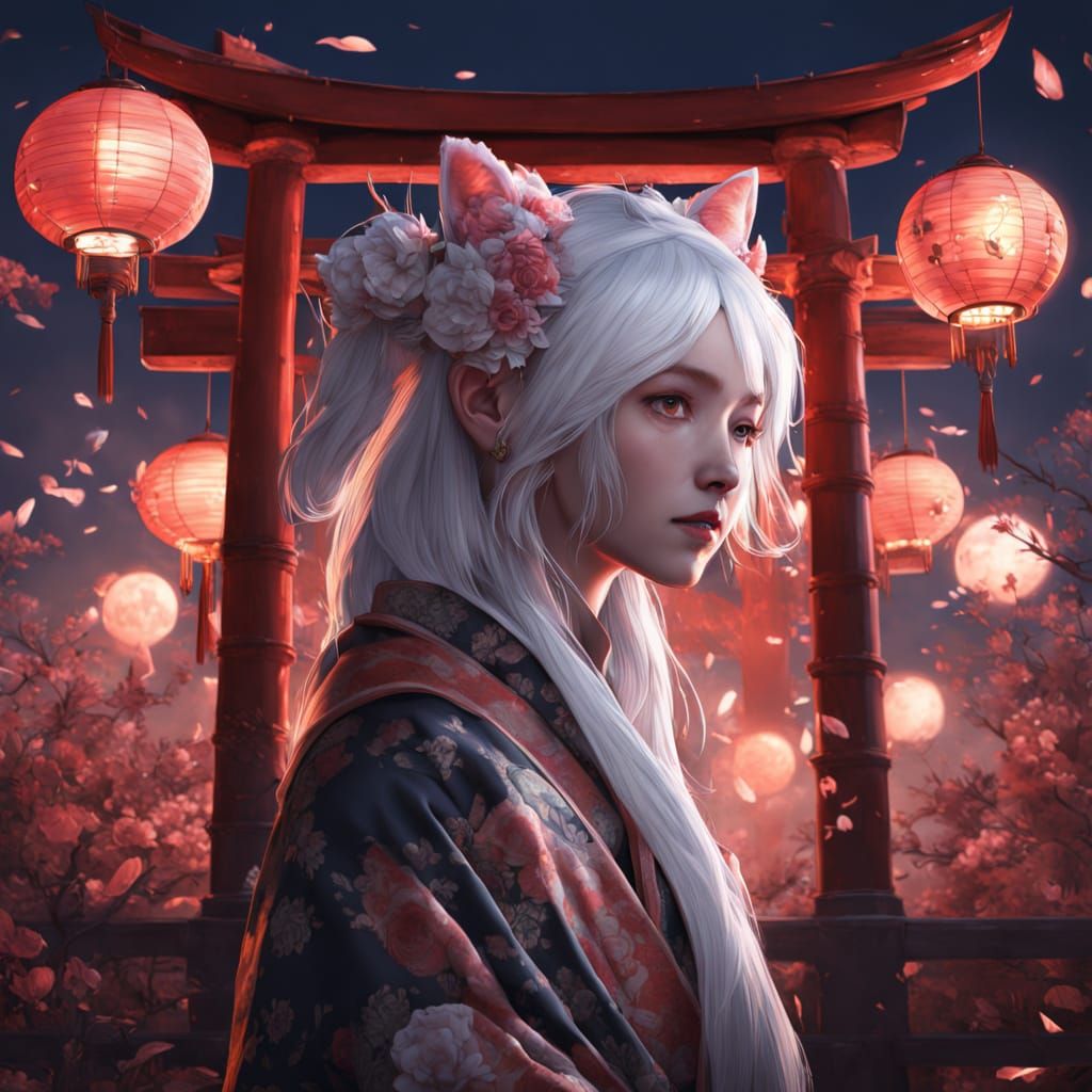 Japanese Woman with Kitsune Mask and Fox Features