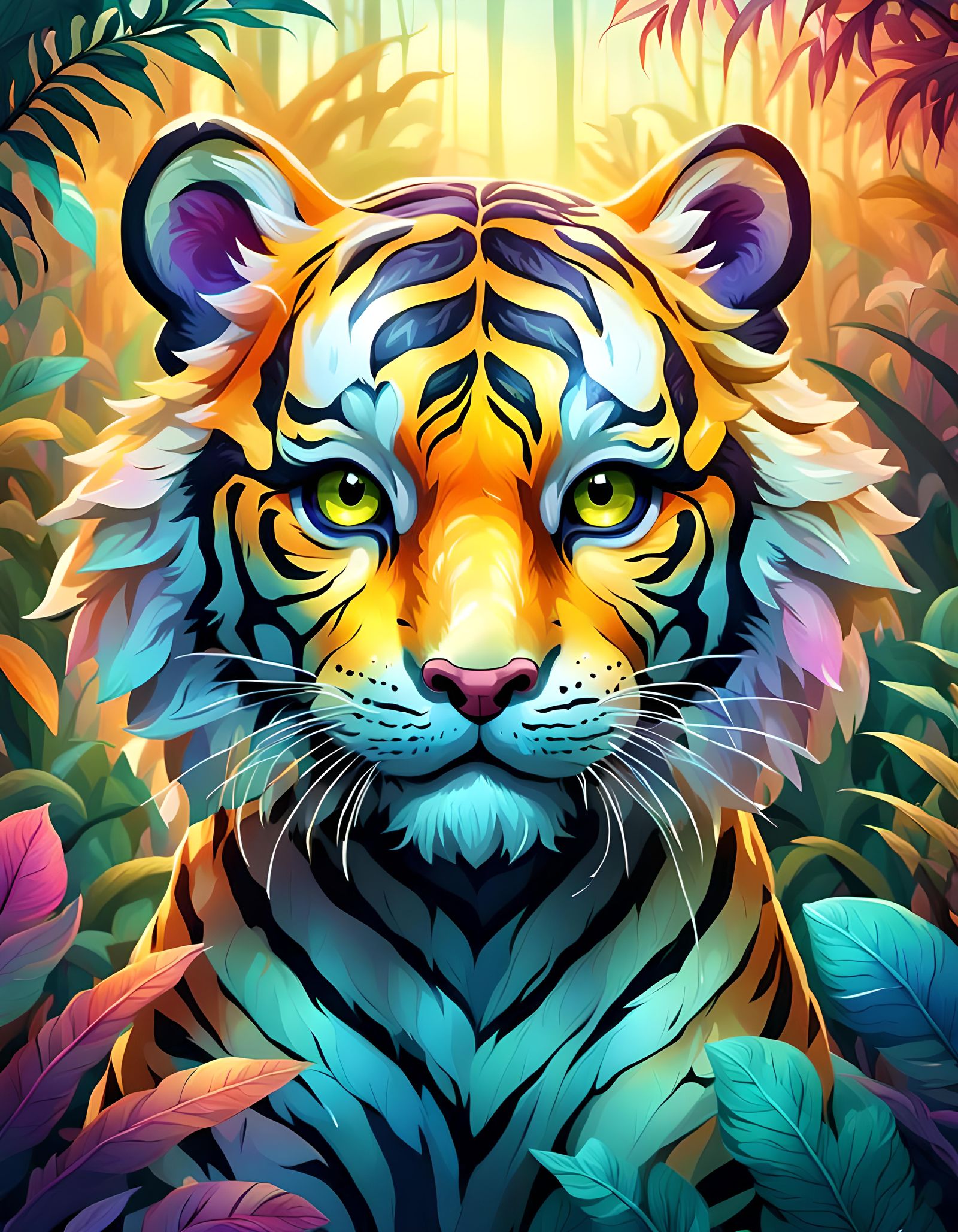 Chibi Tiger in Jungle, Surreal Iridescent Art