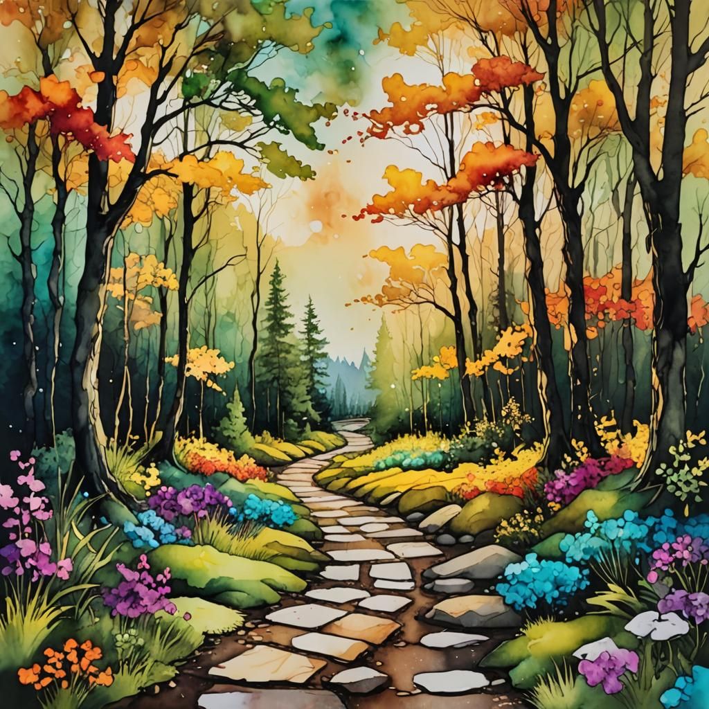 Sunlit Pathway in Alcohol Ink Style
