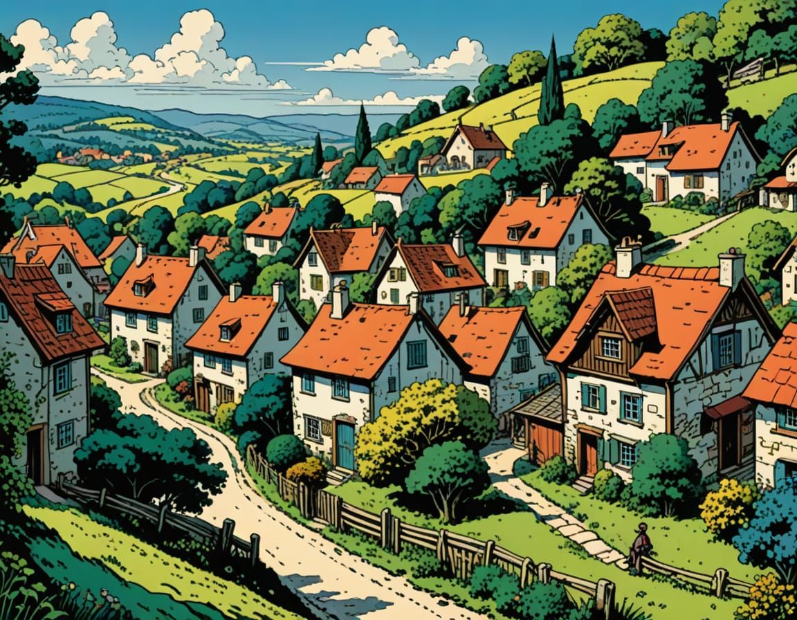 Picturesque Village Illustration in Tintin Comic Style