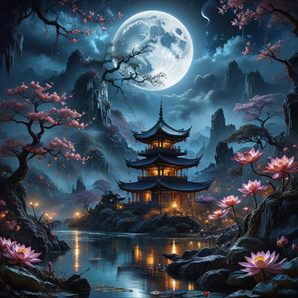 Moonlit Lotus Blooms Under Celestial Eclipse