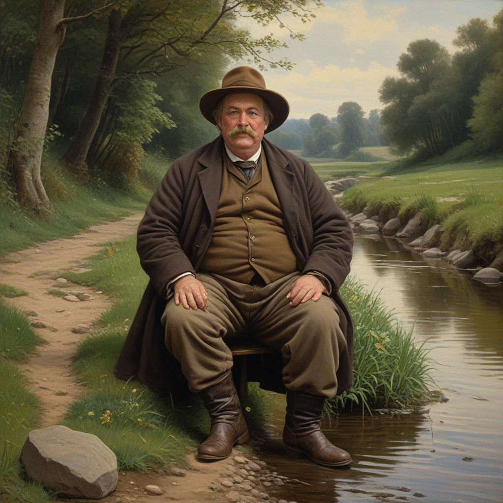 Rustic Gentleman Crouches by Stream in Whimsical Oil Paintin...