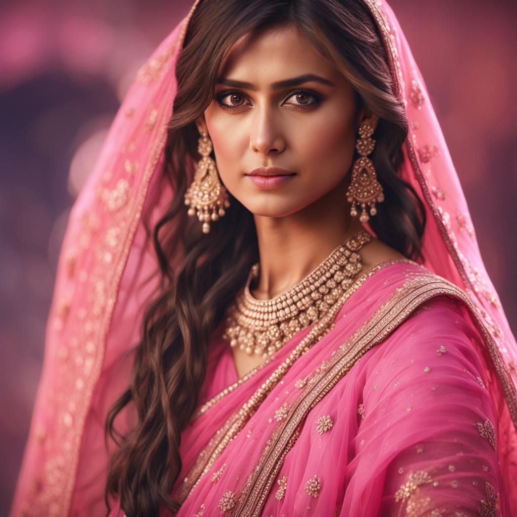 Nina Dobrev in Pink Saree: Photorealistic Portrait