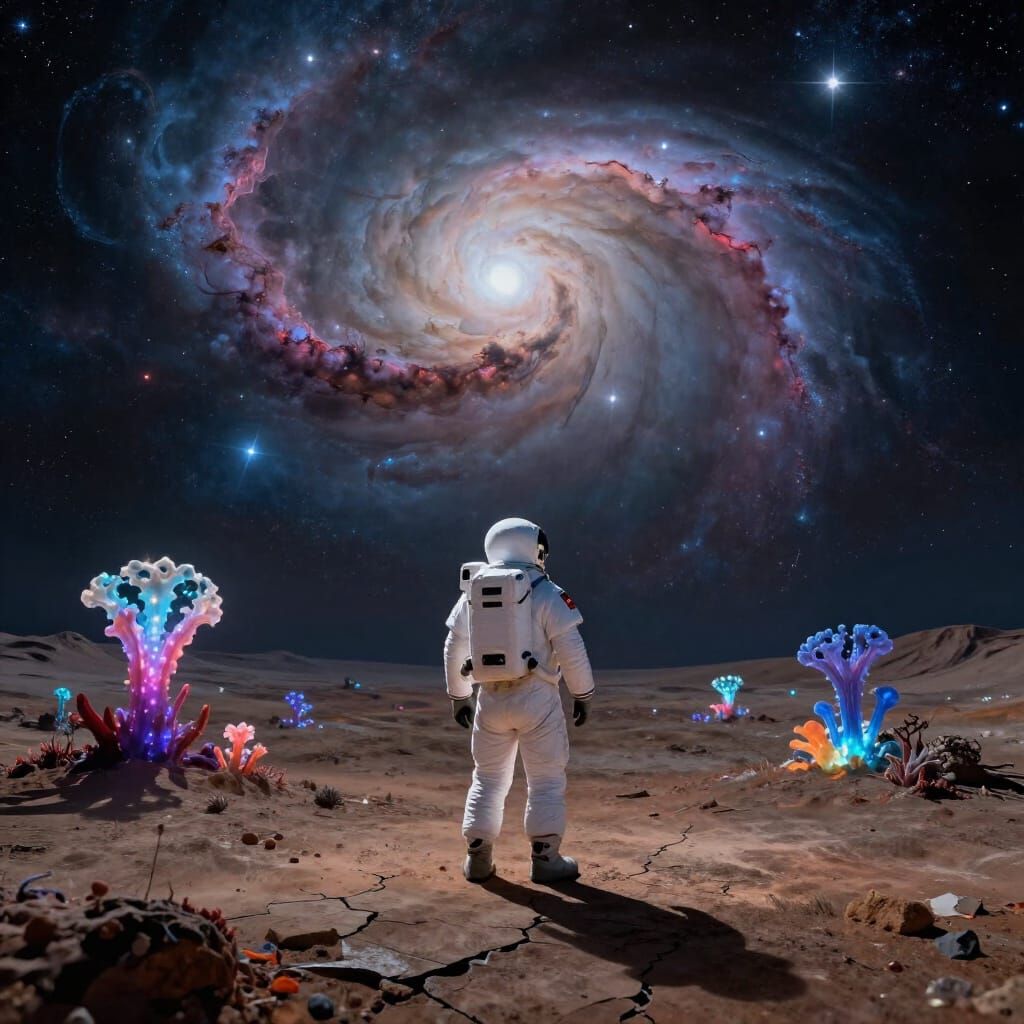 Astronaut on Alien Planet Gazing at Nebula