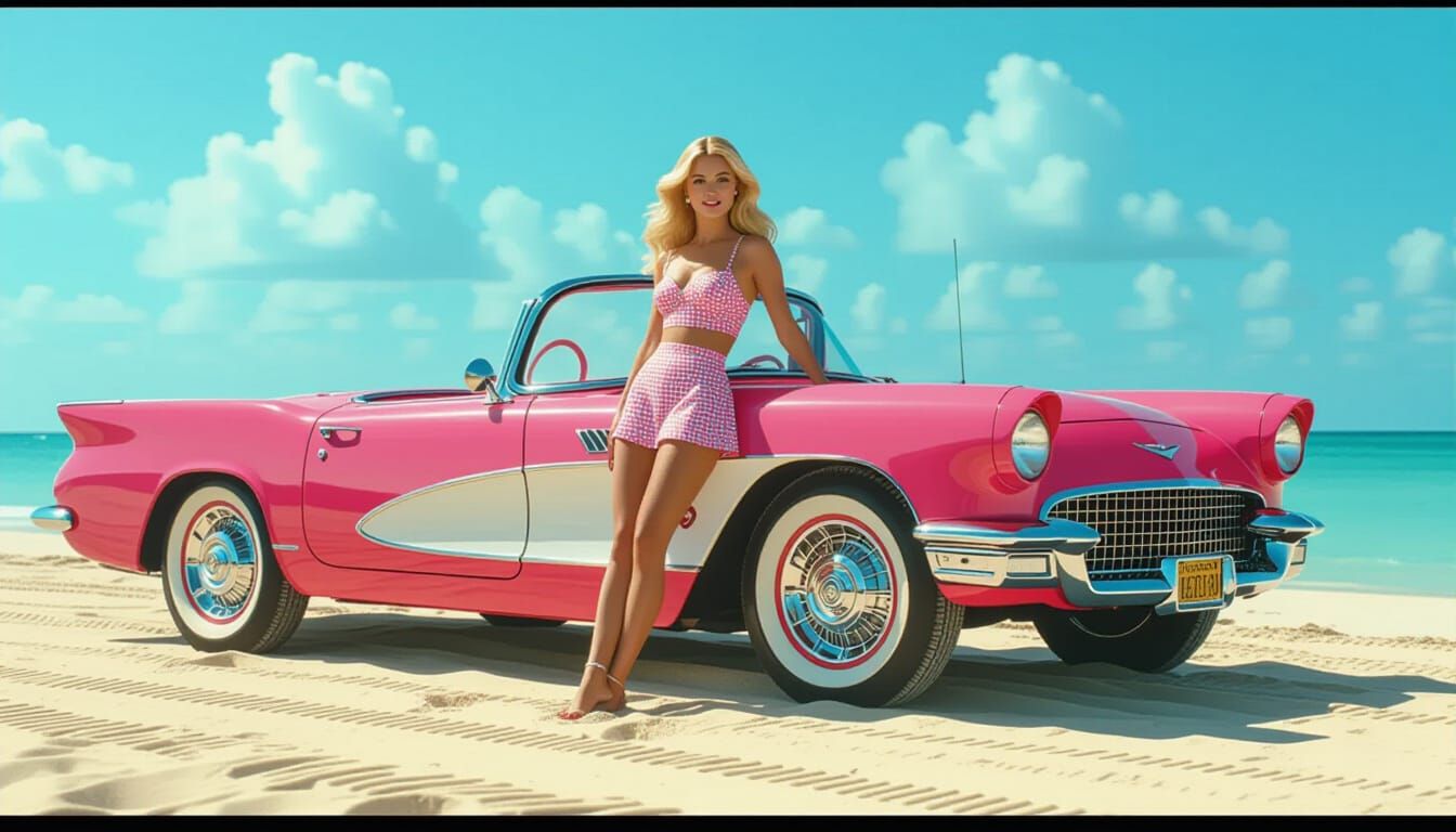 Barbie as Margot Robbie on Beach with Pink Corvette
