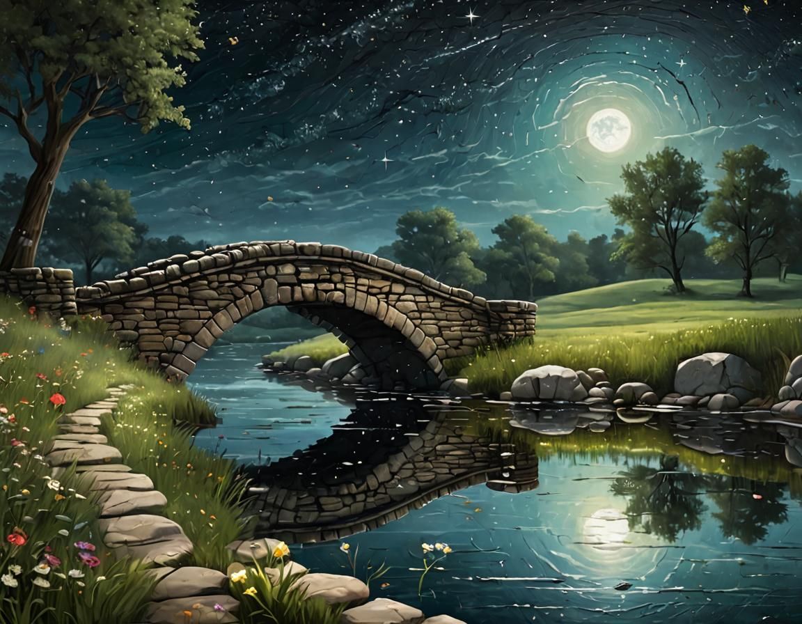 Medieval Stone Bridge with Floral Meadow in Acrylic