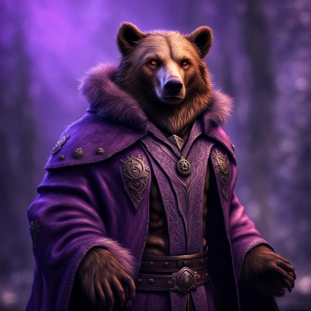 Fantasy Bear-Human Warlock in Purple Coat