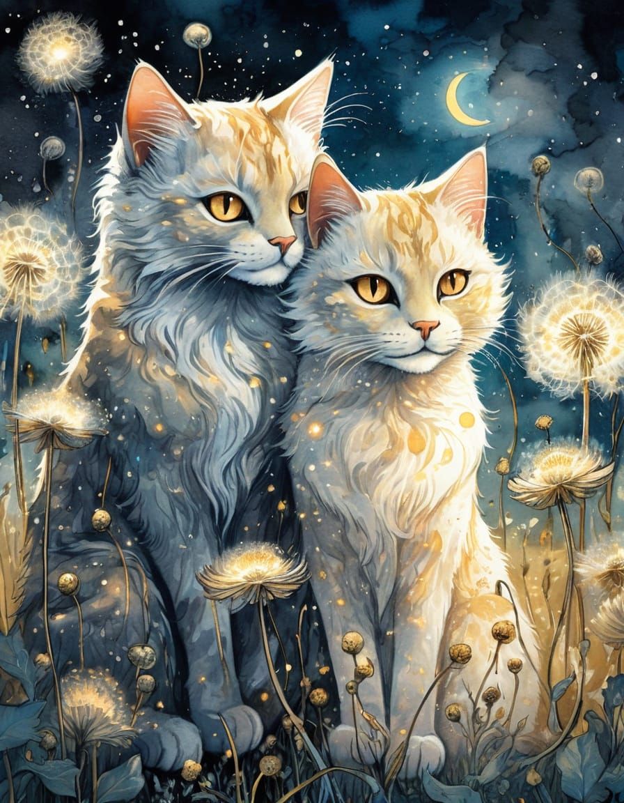 Two Cats Share Cosmic Secret in Enchanting Fairytale Art