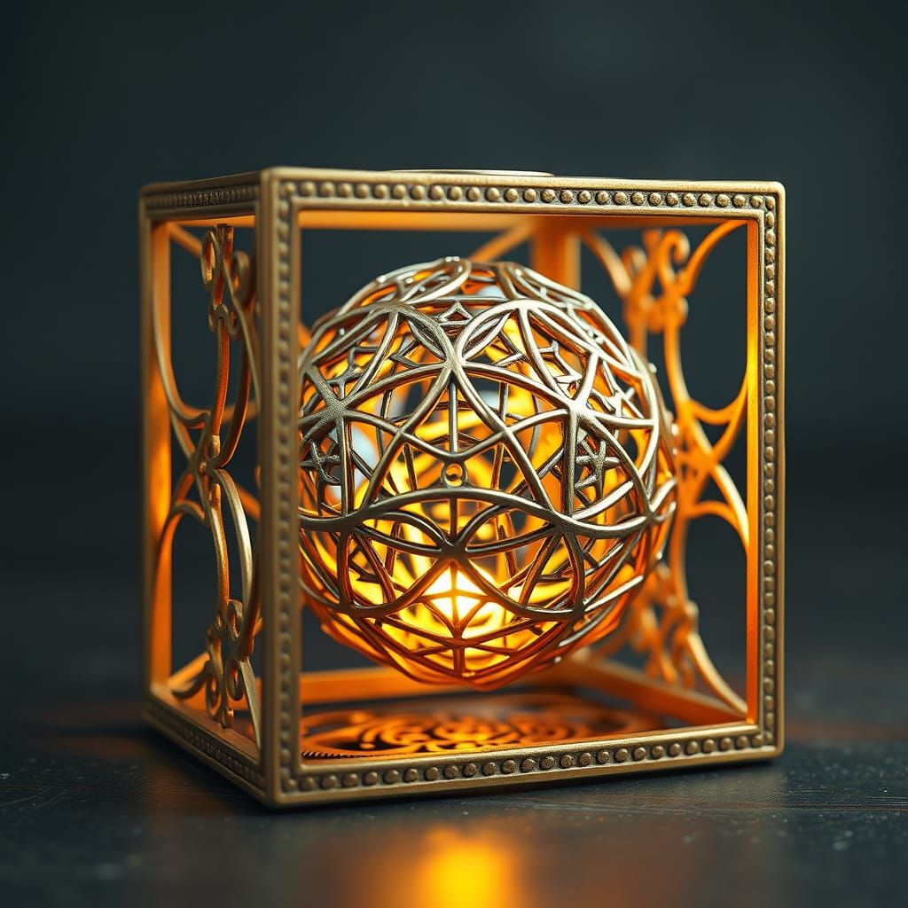 Hyperrealistic Golden Cube with Intricate Silver Sphere and ...