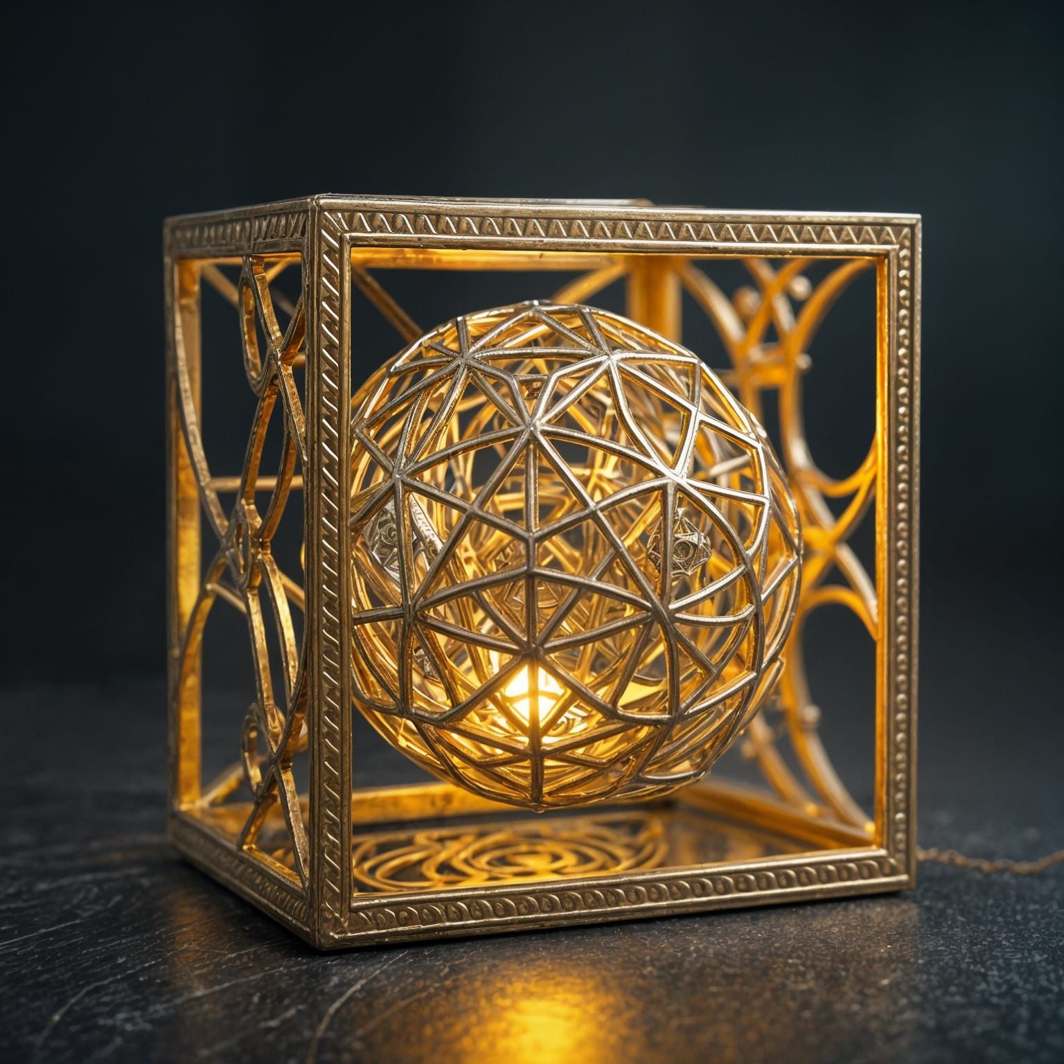 Intricate Golden Cube with Silver Sphere