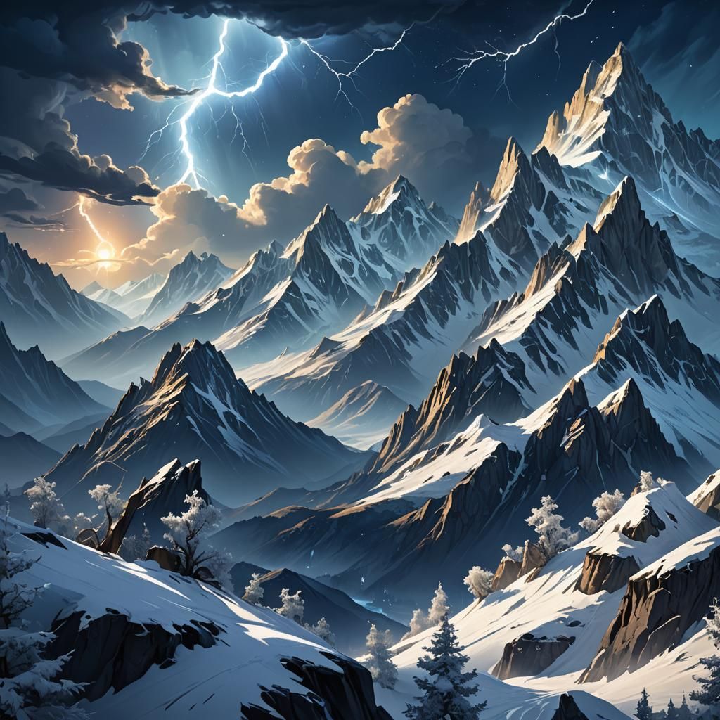Epic Lightning Storm Over Snow Mountains: Fantasy Illustrati...