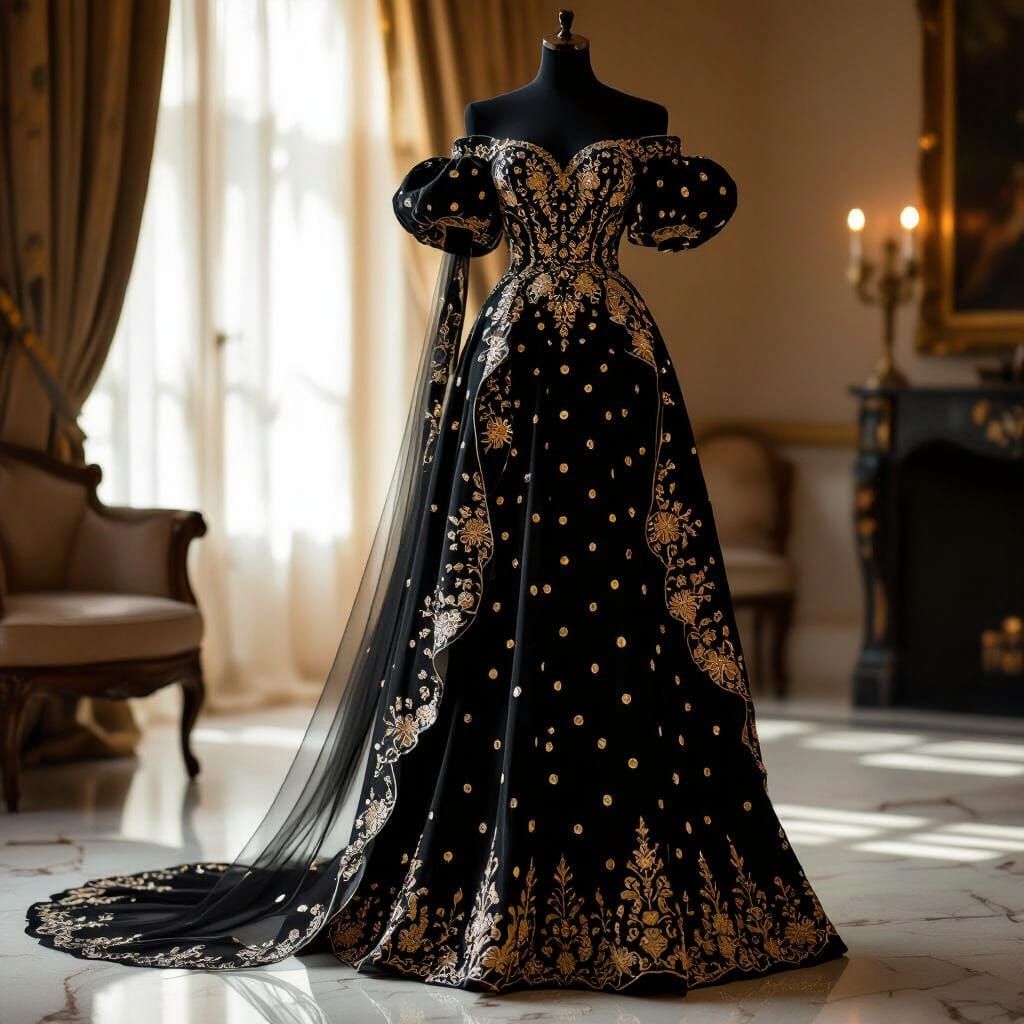 Luxurious Black Gown with Golden Embroidery