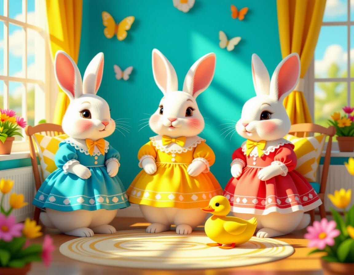 Rabbits in Cozy Room, Folk Art Style