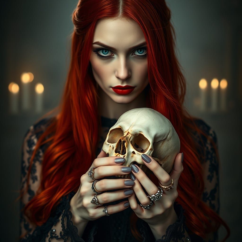 Gothic Lady of Mystery Grasping a Human Skull in Victorian E...