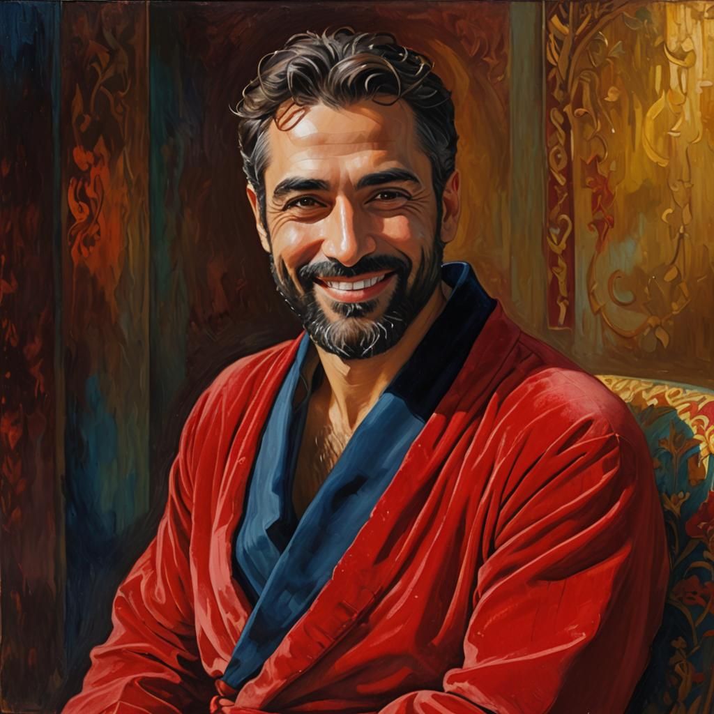 Warmly Smiling Man in Art Nouveau Oil Painting
