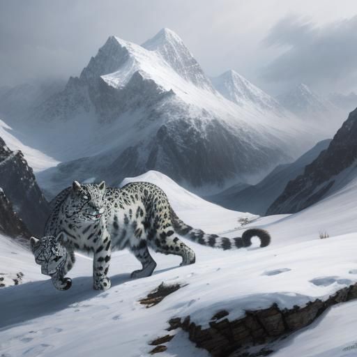 Snow Leopard in Snowy Mountains, Sinister Art
