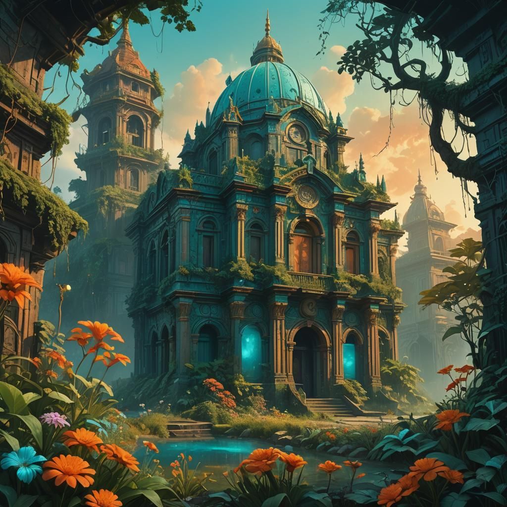 Lush Ancient Architecture in Warm Light: Matte Painting