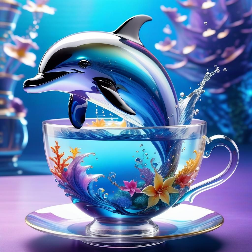 Dolphin in Teacup: Hyperrealistic Splash Art