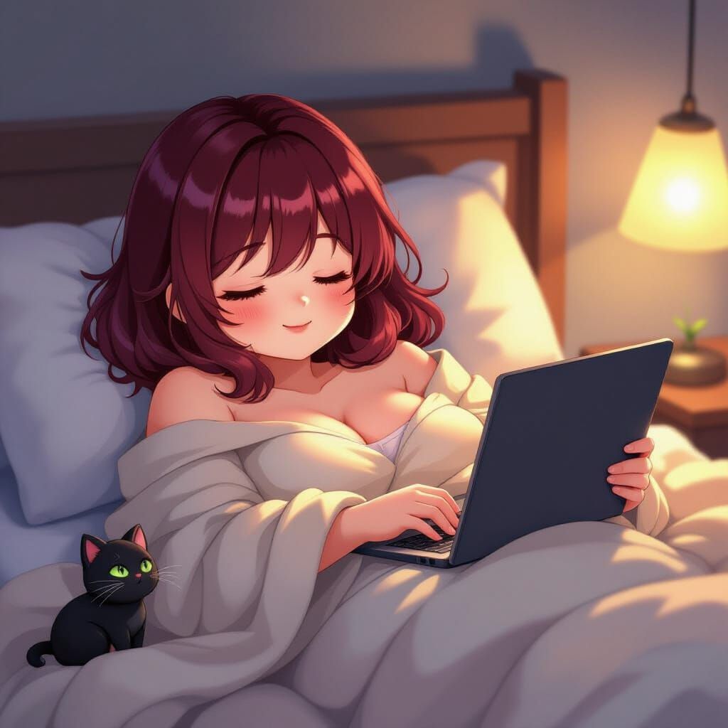 Anime Woman Sleeping Peacefully with Kitten