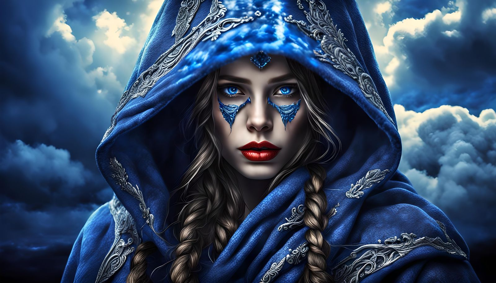 Hooded Woman with Sapphire Staff, Hyperrealistic