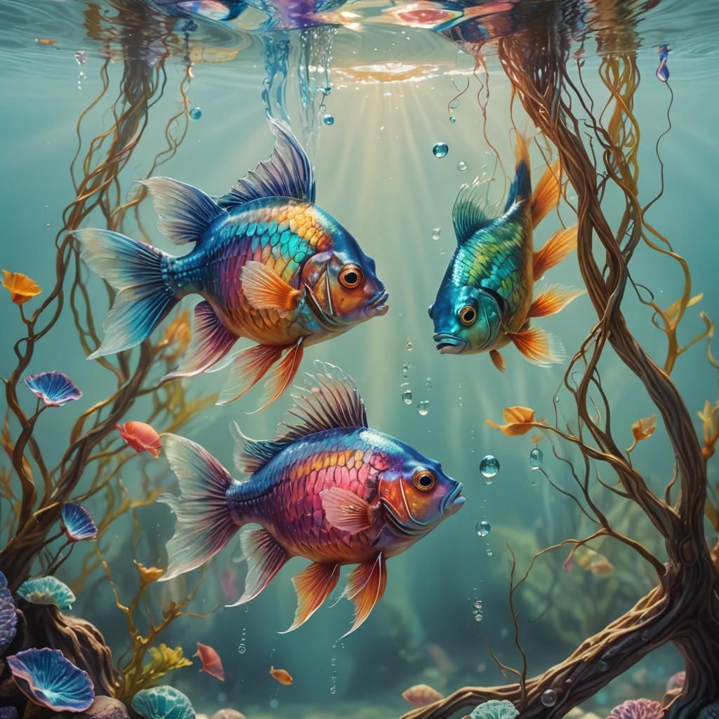 Kissing Fish in Fantastical Aquatic Dreamscape