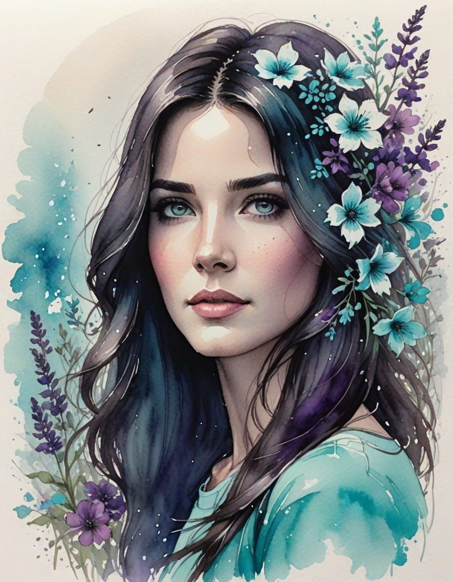 Pretty Woman Sketch with Purple Highlights and Spring Flower...