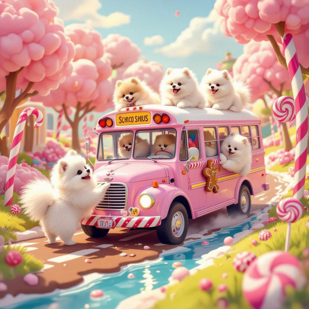 Pomeranians Catch Pink School Bus in Candy Land