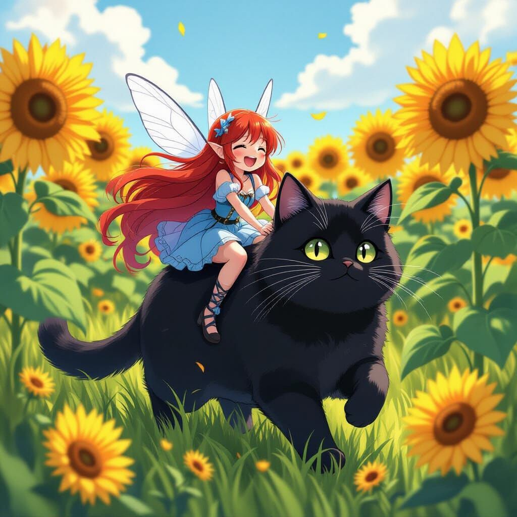 Anime Fairy Rides Cat Through Sunflower Field