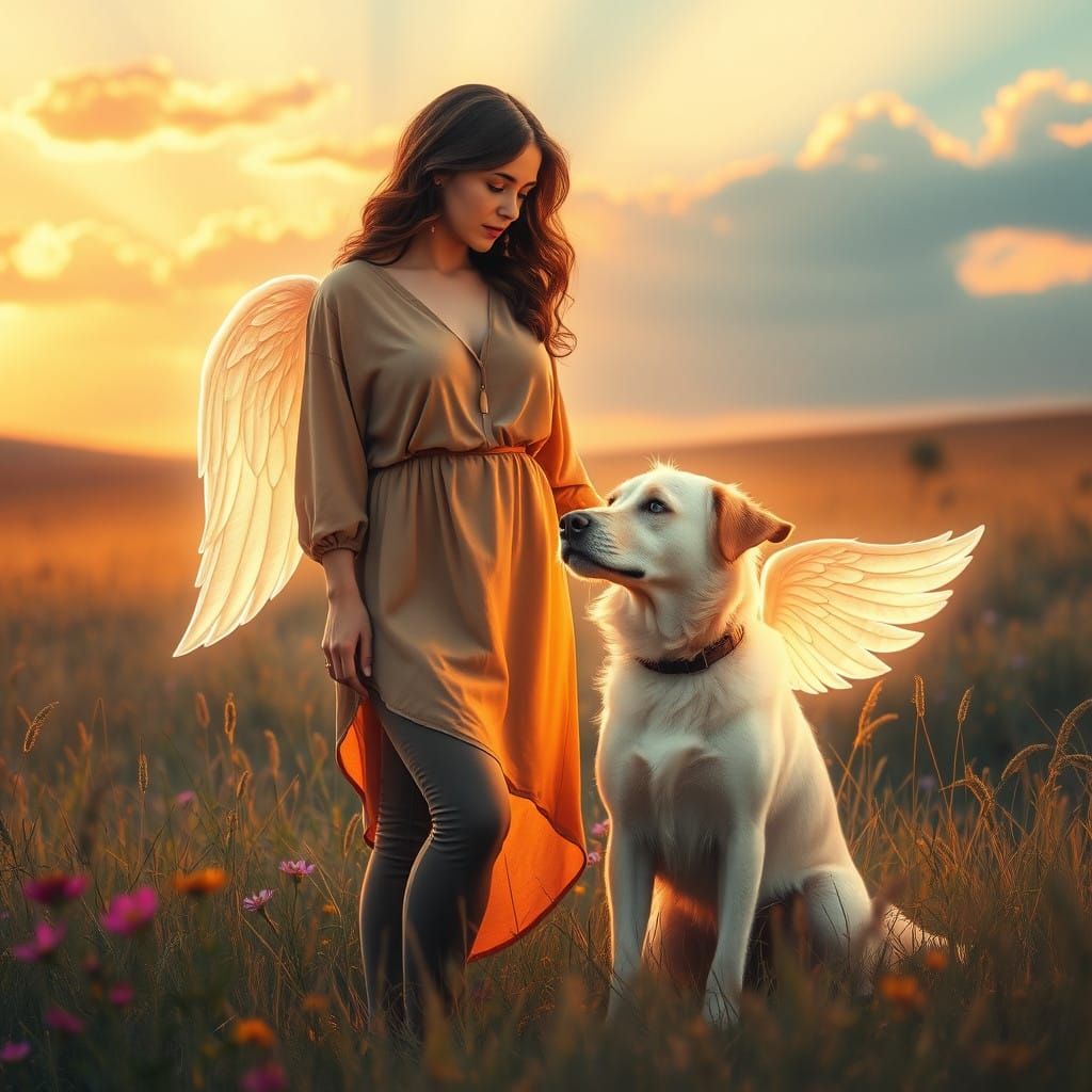 Serene Meadow Scene with Angelic Dog and Ethereal Glow