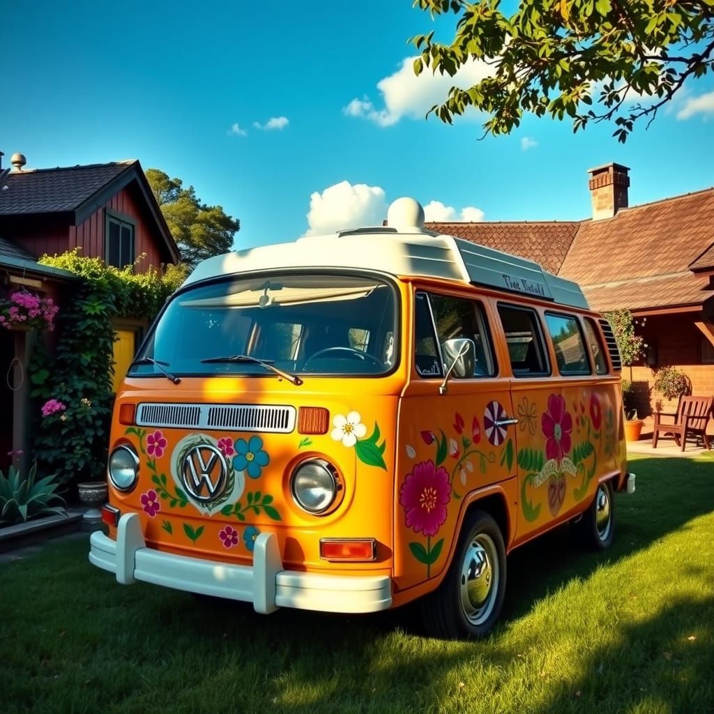 Vibrant VW Van in a Quaint 1970s Village