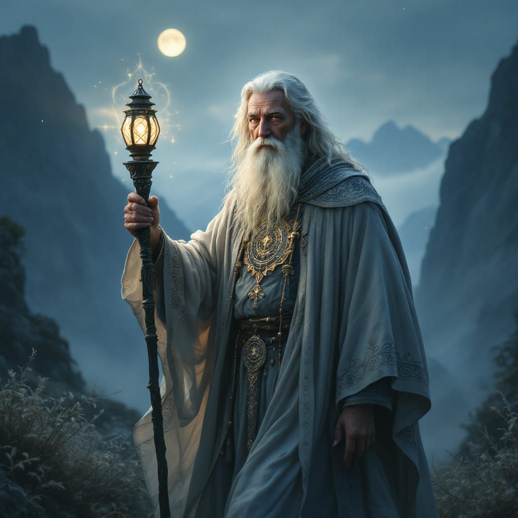 Mystical Hermit in Moonlit Landscape