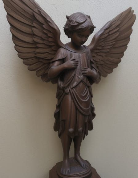 Wooden Carved Angel Statue with Wide Wings