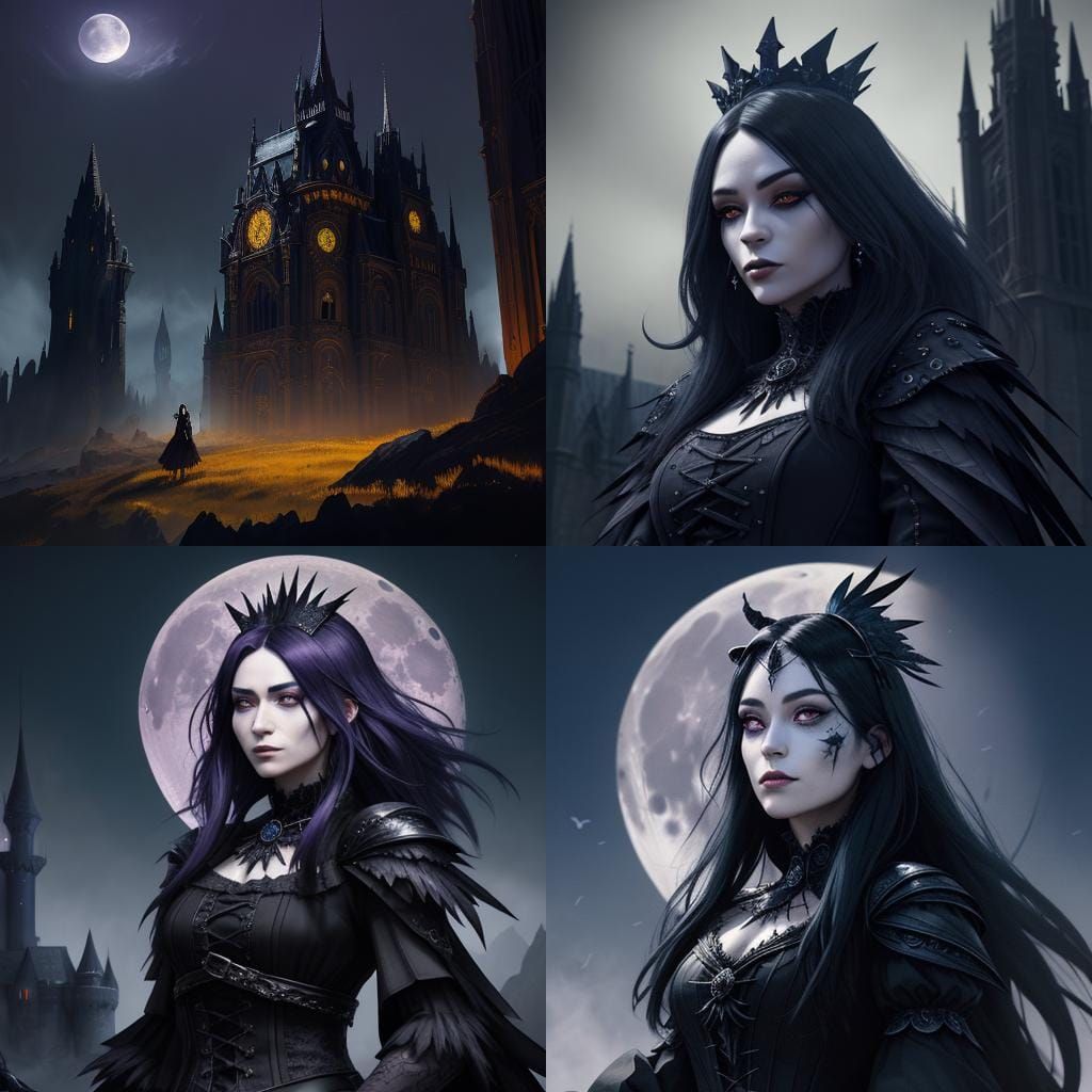 Gothic Fantasy Woman under Full Moon in Anime Style
