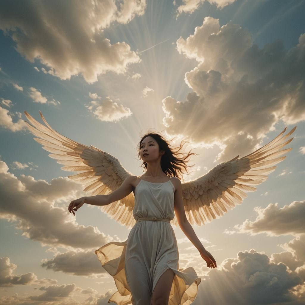 Angelic Woman Soaring in Mystical Anime Style