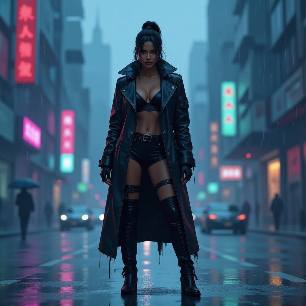 Dystopian Game Character in Futuristic Cityscape