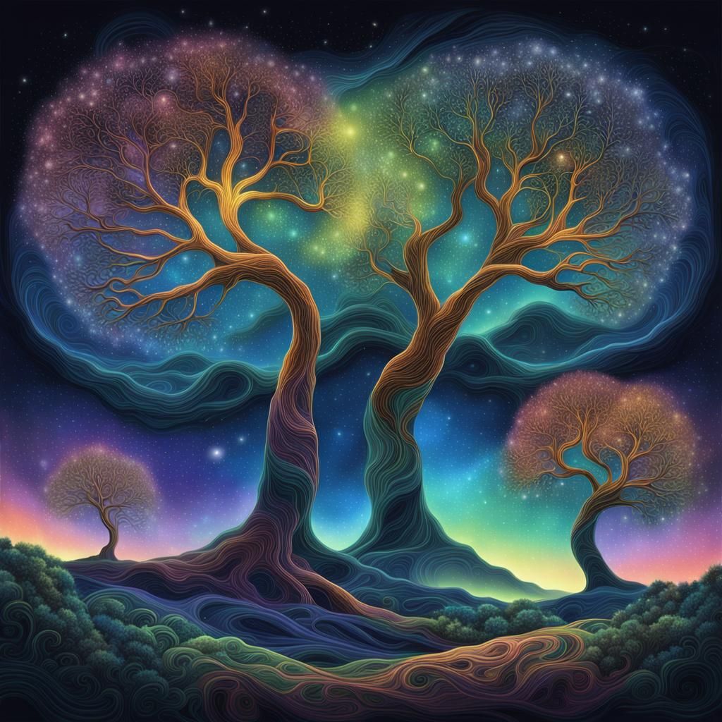Magical Trees Embrace Under Aurora Sky