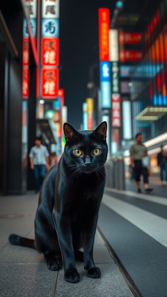 Sleek Black Cat Explores Tokyo Streets