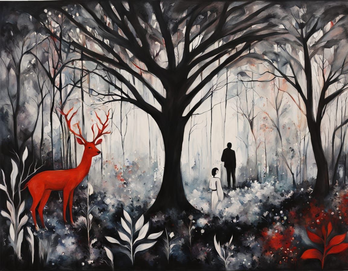 A surreal landscape where black and white vegetation surroun...