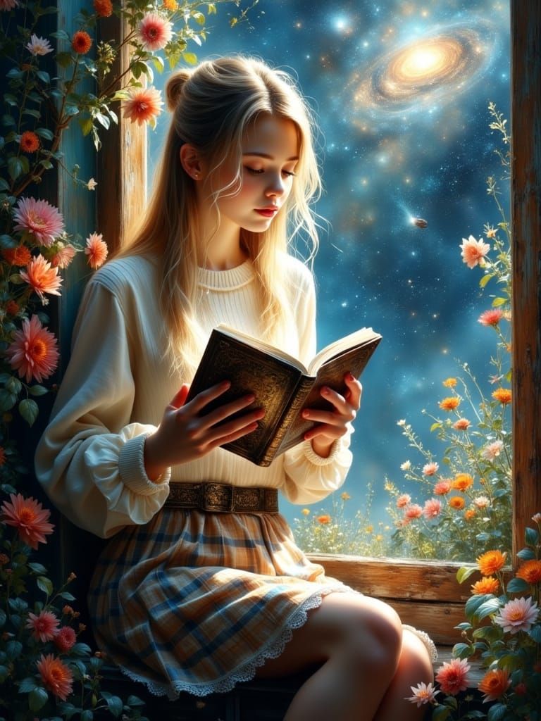 Blonde Girl Reads Book in a Cosmic Window