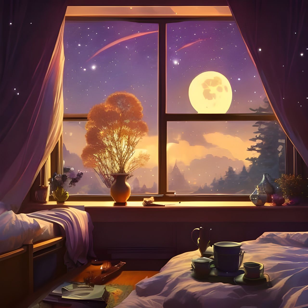 Cozy Anime Bedroom with Moonlit Night Sky