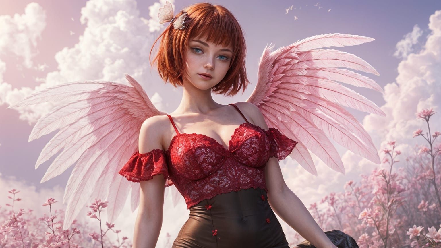 Synthwave Angel with Red Hair and Pink Wings